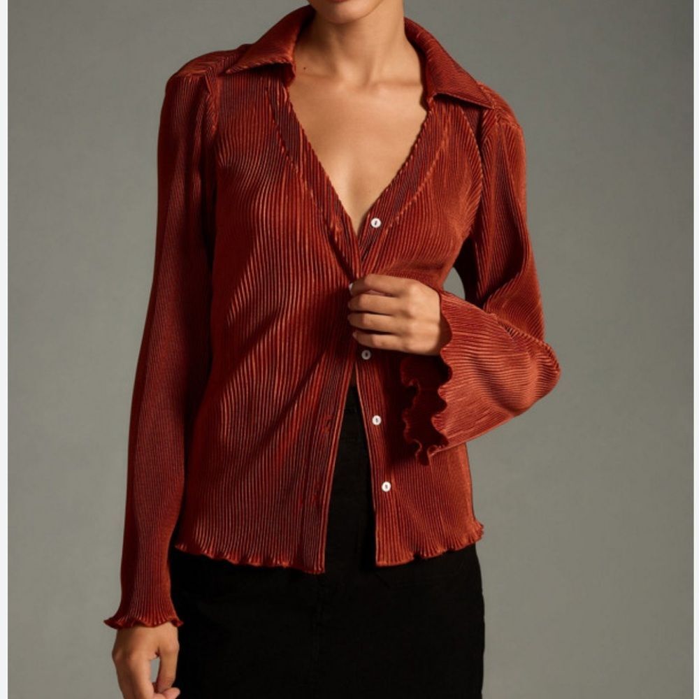 Anthropologie Dolan Button Down Lettuce Hem Rustic Flare Sleeve Blouse Size M